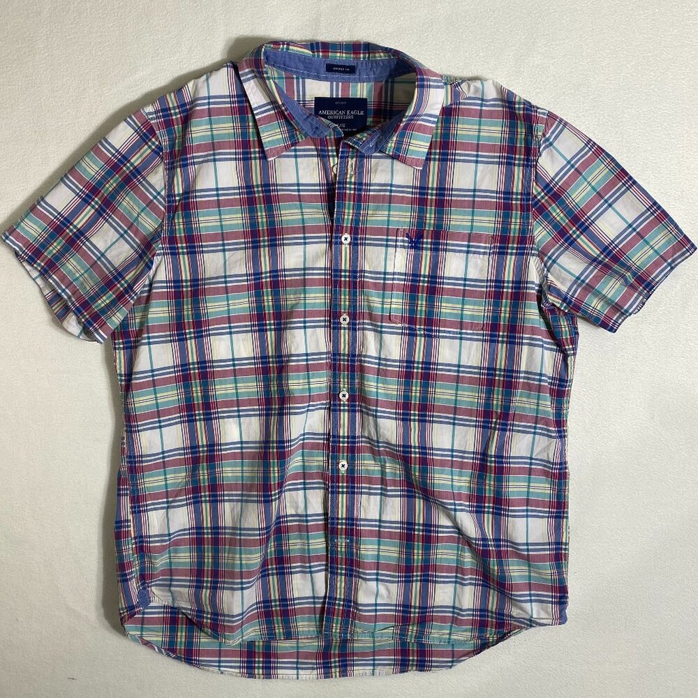 American Eagle Vintage Fit Short Sleeve Button Up Shirt Mens XL Plaid Blue Pink